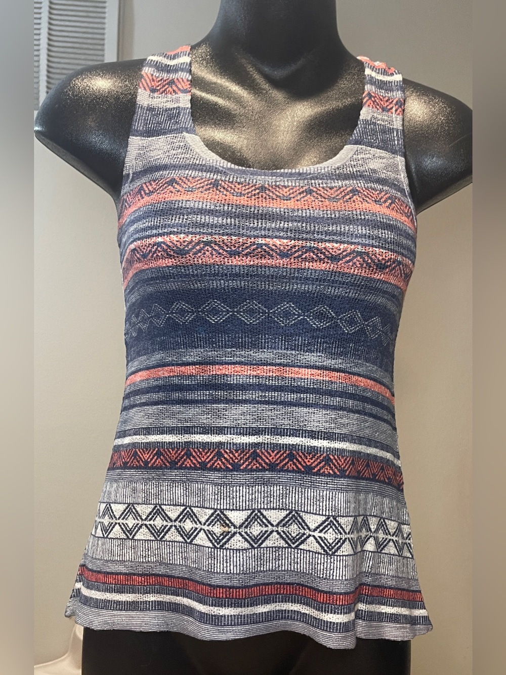 Ginger G Navy and Coral Striped Knit Tank, Size Sm